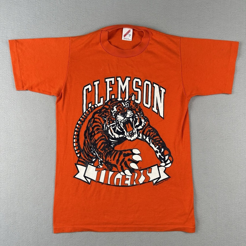 Vtg 80s Clemson University Tigers Shirt Men's Small Orange Short Sleeve‎ Jerzees